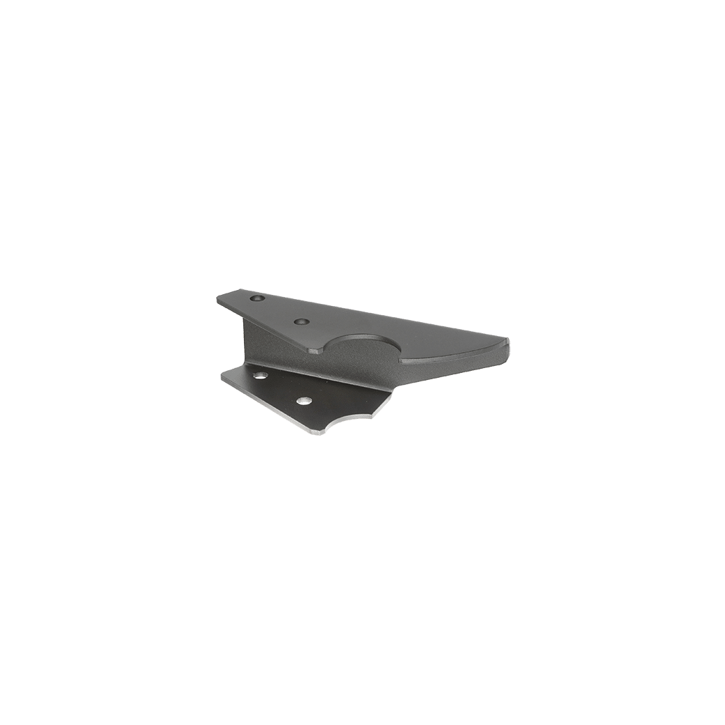 Black mounting bracket with a flat, angular design featuring pre-drilled holes for attachment, intended for use as an extra step or support component for a Dutchvanparts Cargo Ladder on a Mercedes Sprinter van.
