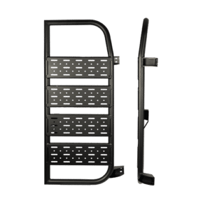 Black Dutchvanparts Cargo Ladder with perforated steps designed for mounting on a Mercedes Sprinter van, shown from both front and side views.