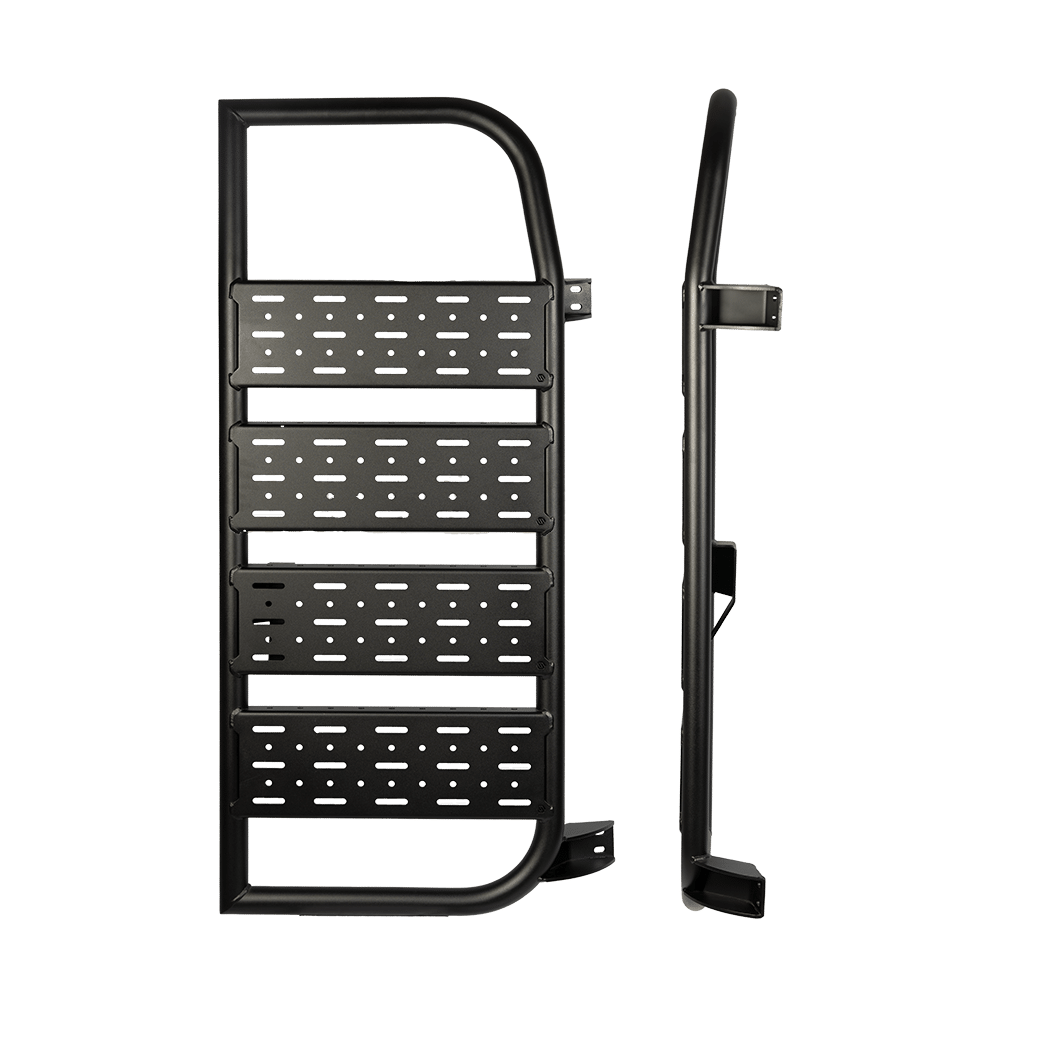 Black Dutchvanparts Cargo Ladder with perforated steps designed for mounting on a Mercedes Sprinter van, shown from both front and side views.
